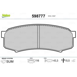 Jeu de plaquettes de frein VALEO 598777 pour LEXUS, MITSUBISHI, TOYOTA OE 4605A389 VALEO