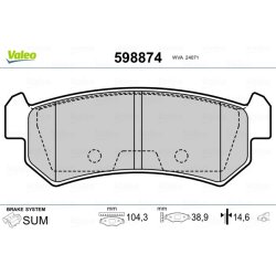 Jeu de plaquettes de frein VALEO 598874 pour CHEVROLET, DAEWOO, GM KOREA, SUZUKI VALEO