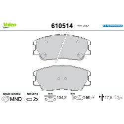 Jeu de plaquettes de frein VALEO 610514 pour KIA SOUL OE 58101-J2A10
