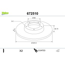 Disque de frein VALEO 672510 pour NISSAN OE 43206-9W000 VALEO