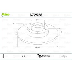 Disque de frein VALEO 672528 pour MERCEDES CLASSE A OE 1694210012