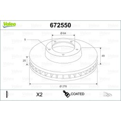 Disque de frein VALEO 672550 pour FORD, VOLVO OE 1223663