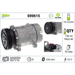 Compresseur de climatisation VALEO 699615 pour SEAT, VW OE 95NW19D629BB